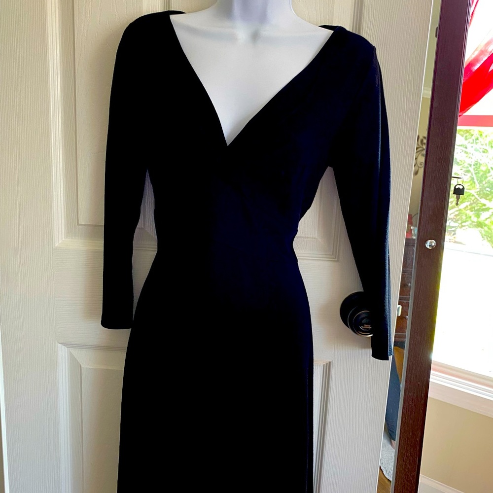 Ann Taylor Loft classic black dress, falls below the knee, long sleeves.
